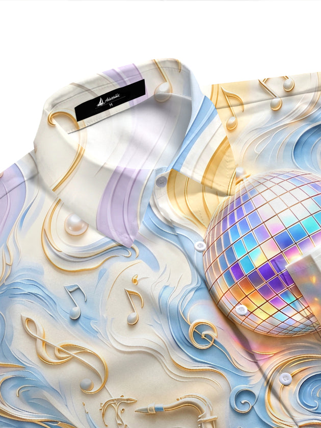 Adaychic Men's Graphic Disco Ball Print Short Sleeve Shirt with Chest Pocket