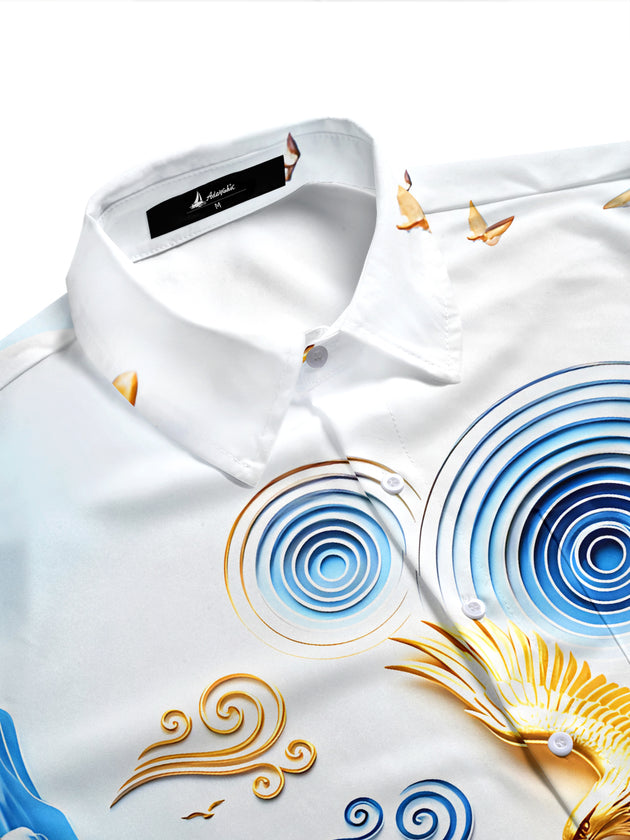 Adaychic Men's Golden Eagle And Mountain Landscape Print Short Sleeve Shirt with Chest Pocket
