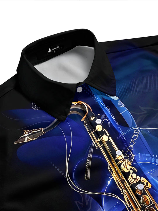 Adaychic Men's Graphic Saxophone Print Short Sleeve Shirt with Chest Pocket