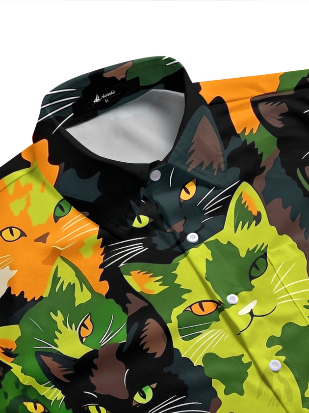 Adaychic Men's Hawaiian Cat Faces Print Camouflage Pattern Short Sleeve Shirt with Chest Pocket