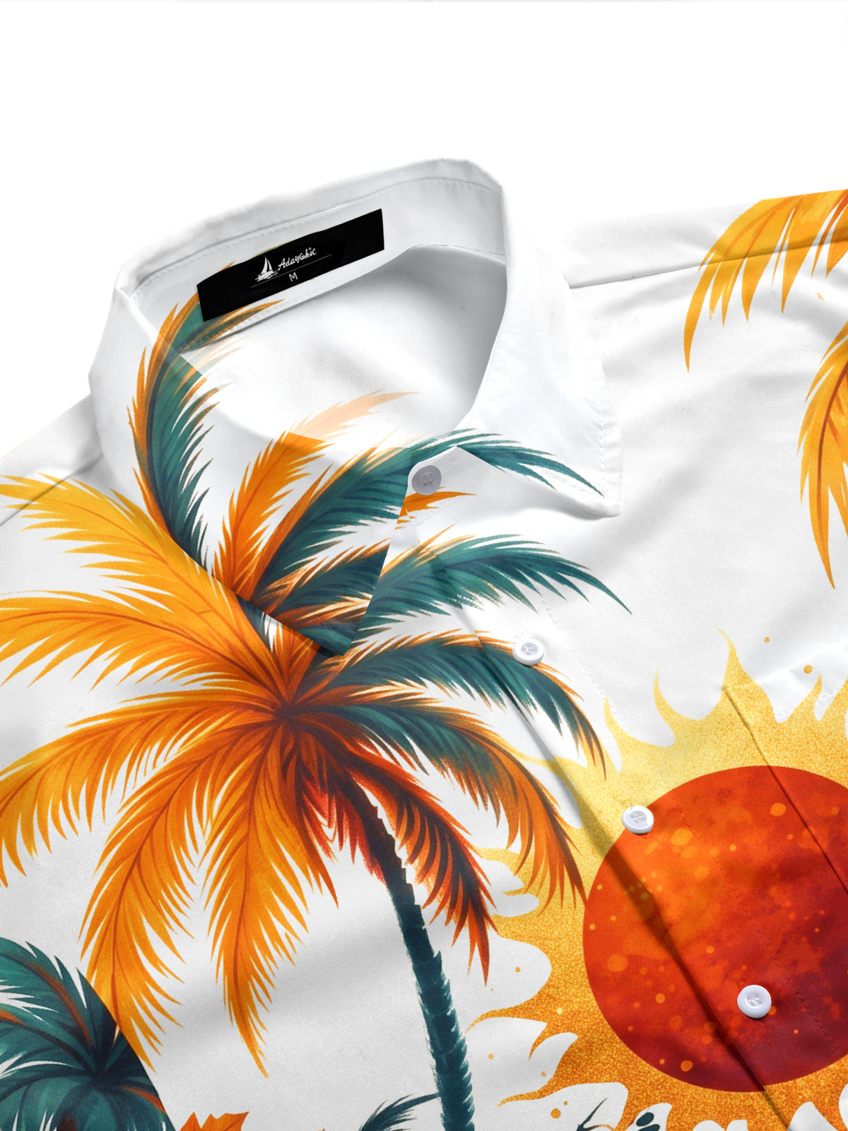 Adaychic Men's Short Sleeve Shirt - Tropical Sunset Beach With Sailboat And Palm Trees Print with Chest Pocket