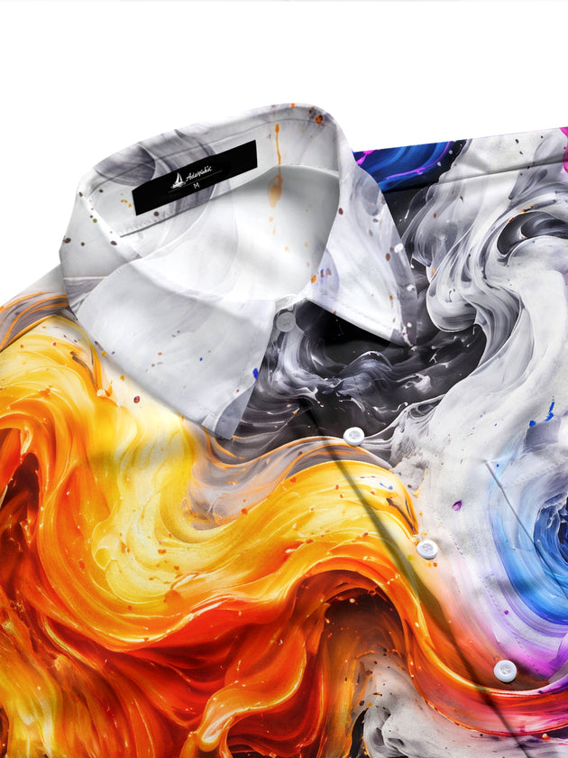 Adaychic Men's Printed Abstract Swirling Fluid Colors Print Long Sleeve Shirt with Chest Pocket