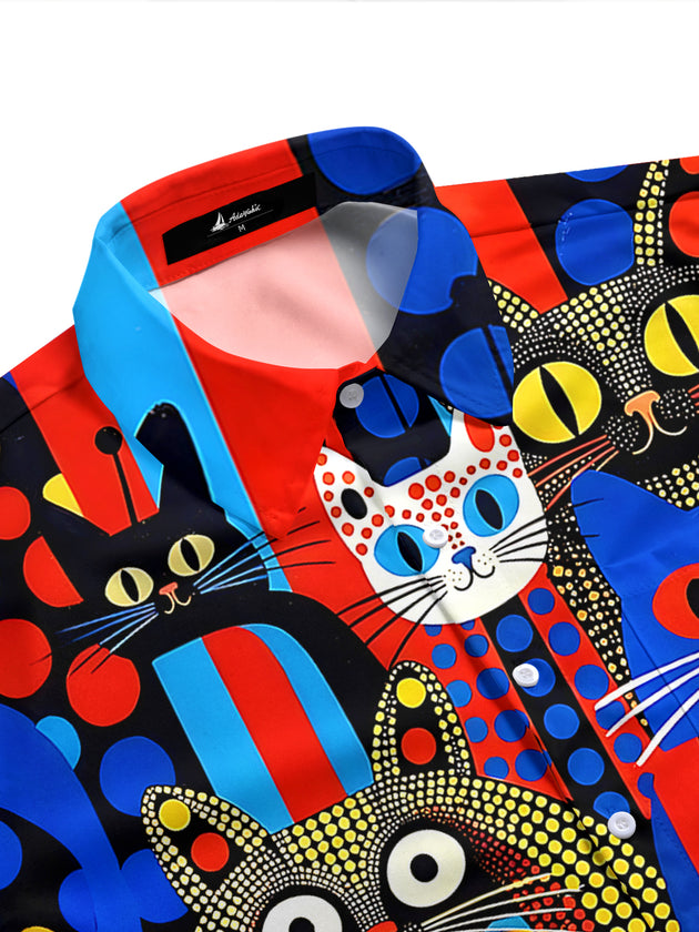 Adaychic Men's Hawaiian Colorful Cat Faces Print Short Sleeve Shirt with Chest Pocket