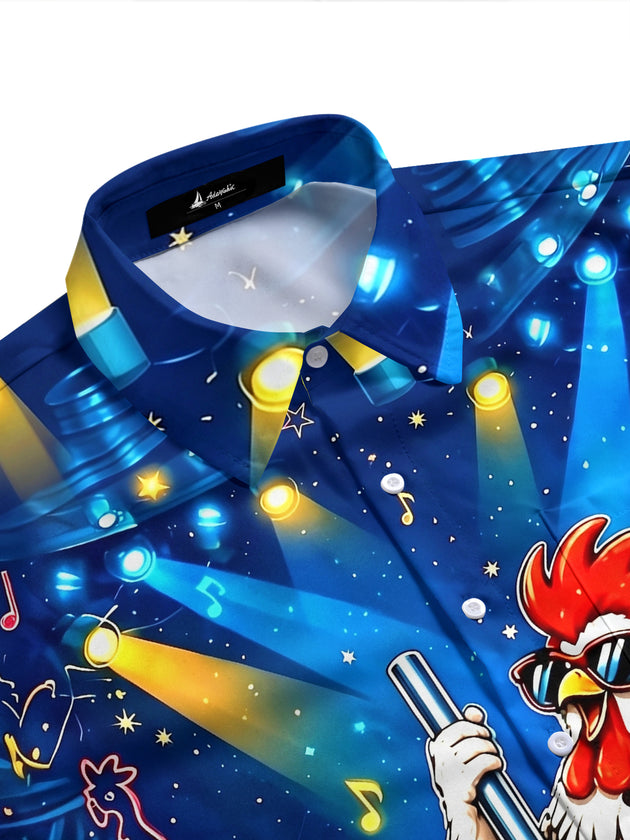 Adaychic Men's Hawaiian Dancing Rooster Print Short Sleeve Shirt with Chest Pocket