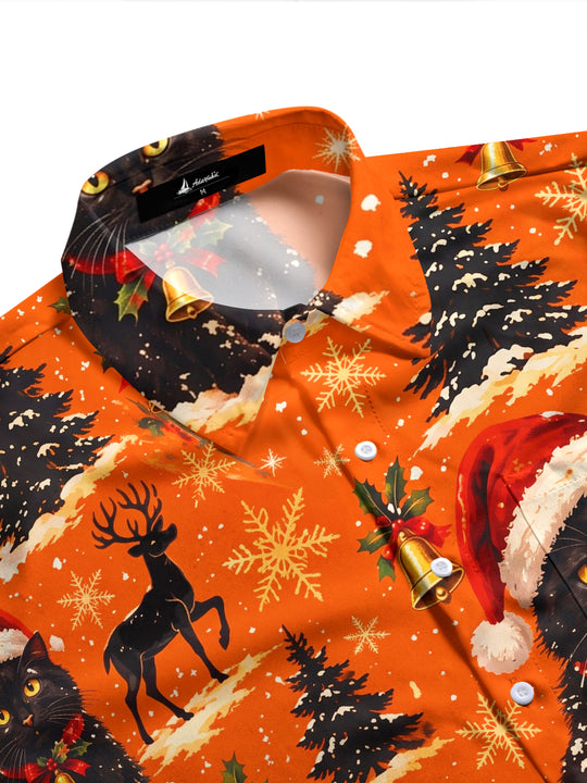 Adaychic Men's Long Sleeve Shirt - Black Cats With Santa Hats And Christmas Trees Print with Chest Pocket