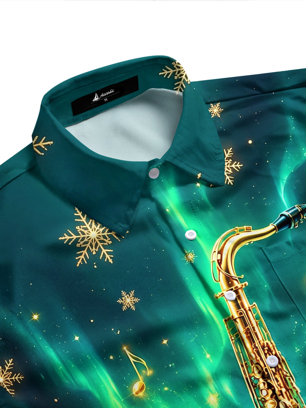 Adaychic Men's Graphic Saxophone Print Snowflakes Print Long Sleeve Shirt with Chest Pocket