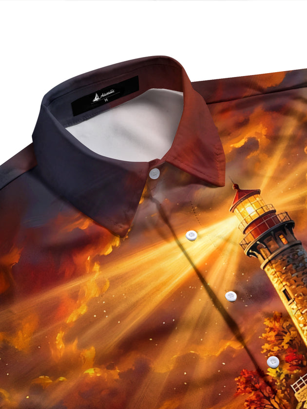 Adaychic Men's Autumn Lighthouse Cliff Landscape Print Long Sleeve Shirt with Chest Pocket