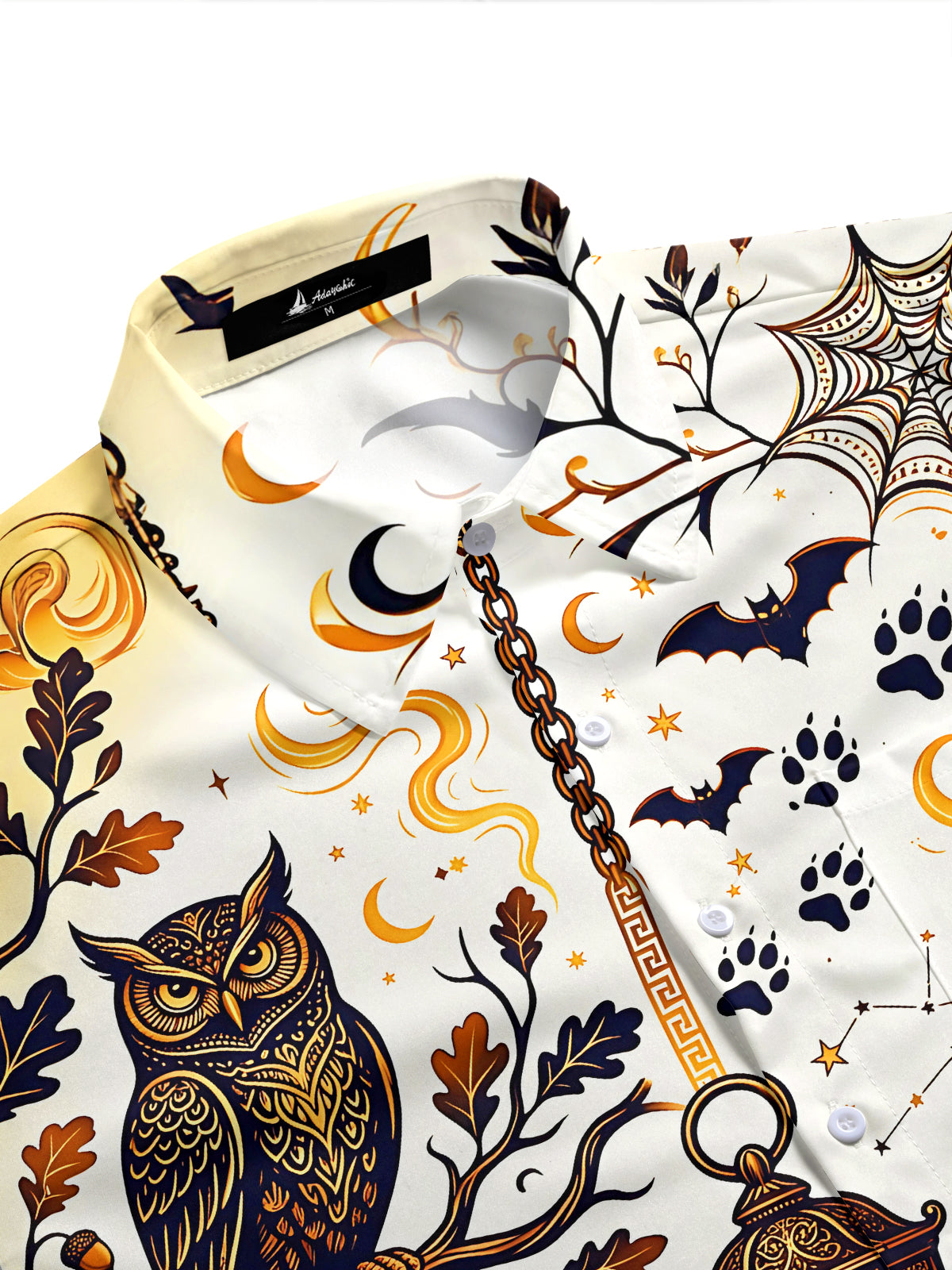 Adaychic Men's Short Sleeve Shirt - Halloween Bats And Spiderwebs Print Mystic Owl And Grimoire Books Print with Chest Pocket