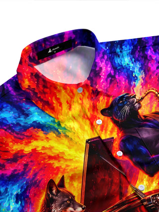 Adaychic Men's Short Sleeve Shirt - Anthropomorphic Wolf And Black Panther Musicians Print with Chest Pocket