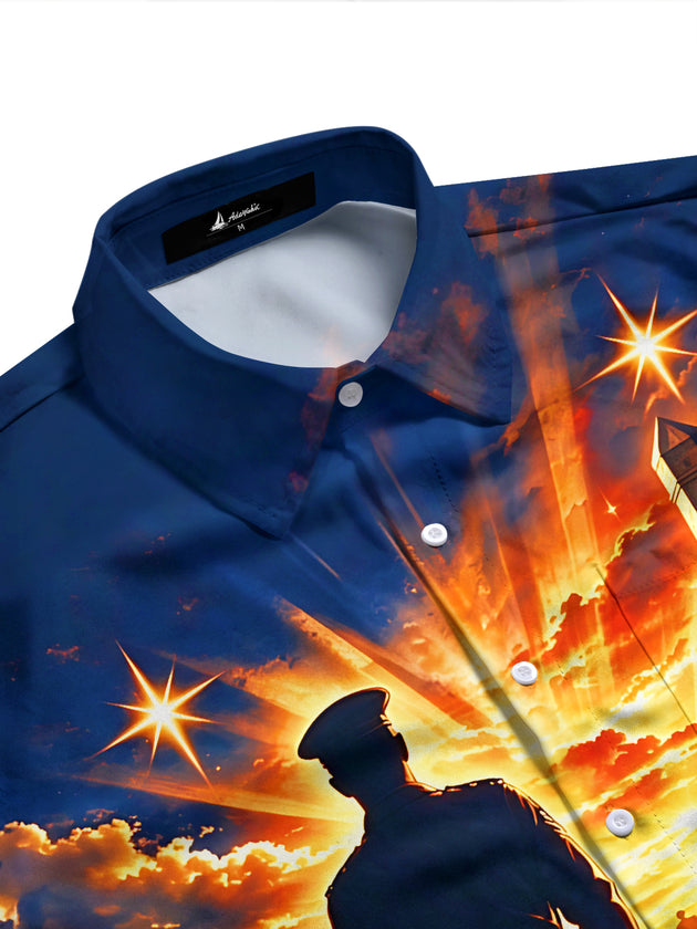 Adaychic Men's Graphic Veteran Silhouette And Monument Print Long Sleeve Shirt with Chest Pocket