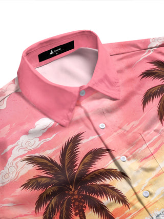 Adaychic Men's Palm Trees And Ocean Waves Print Long Sleeve Shirt with Chest Pocket