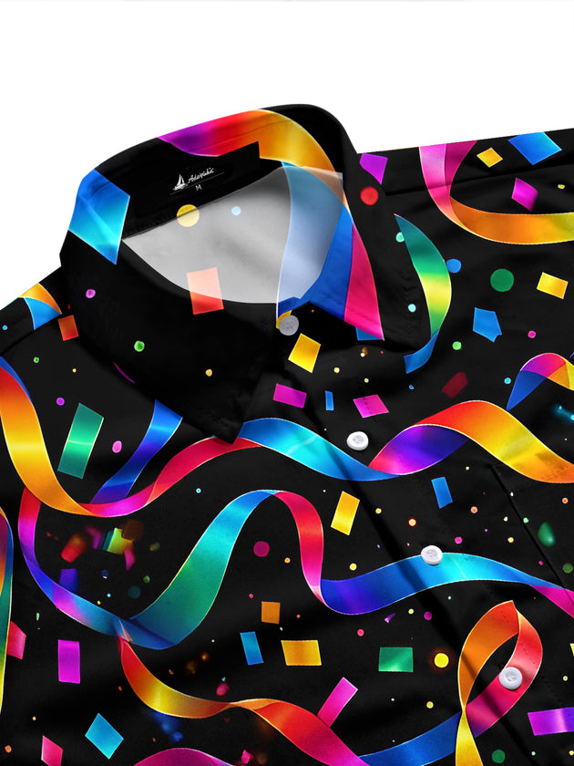 Adaychic Men's Patterned Colorful Ribbons And Confetti Print Long Sleeve Shirt with Chest Pocket