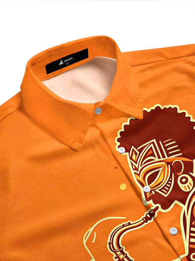 Adaychic Men's Hawaiian African Jazz Musician Print Short Sleeve Shirt with Chest Pocket