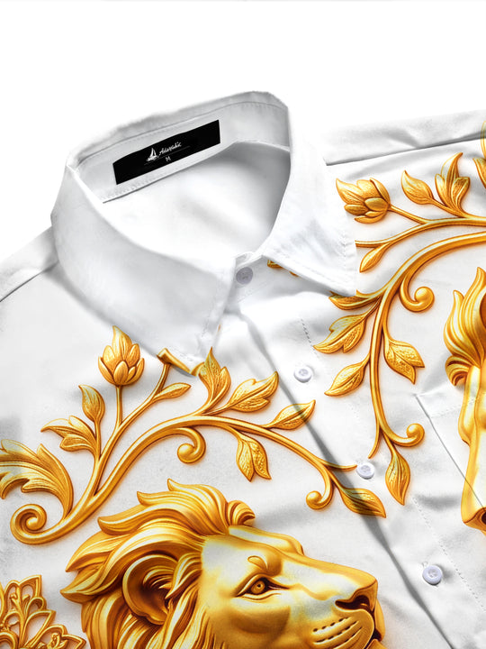 Adaychic Men's Golden Lions And Floral Baroque Patterns Print Long Sleeve Shirt with Chest Pocket