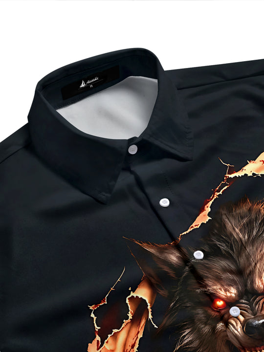 Adaychic Men's Short Sleeve Shirt - Halloween Werewolf Bursting Through Shirt Print with Chest Pocket