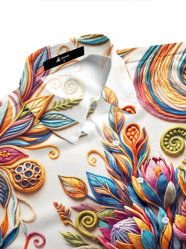 Adaychic Men's Short Sleeve Shirt - 3D Twisted Floral Leaves And Plant Motifs Print with Chest Pocket