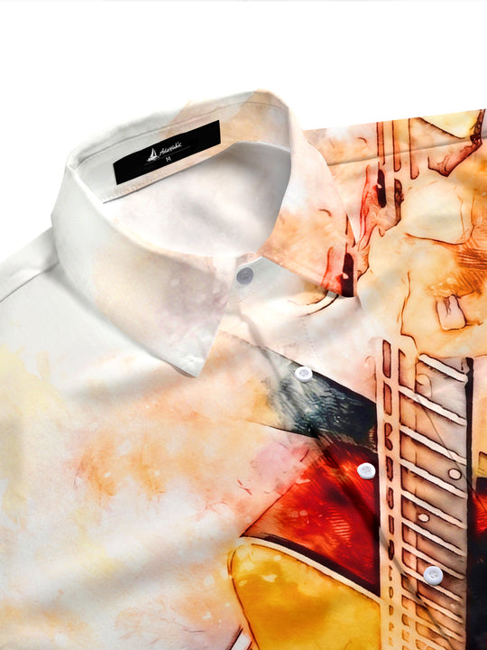 Adaychic Men's Graphic Watercolor Acoustic Guitar Print Short Sleeve Shirt with Chest Pocket