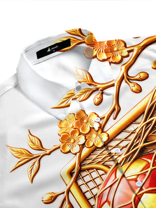 Adaychic Men's Short Sleeve Shirt - Soccer Goal And Ball With Plum Blossom Branches Print with Chest Pocket