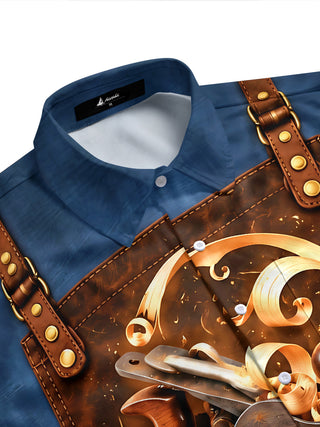 Adaychic Men's Short Sleeve Shirt - Woodworking Tools And Wood Shavings On Leather Apron Print with Chest Pocket