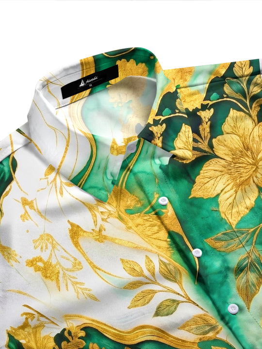 Adaychic Men's Tropical Green Floral Leaf Print Long Sleeve Button Down Shirt with Chest Pocket