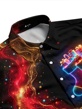 Adaychic Men's Long Sleeve Shirt - Neon Christmas Stockings With Gifts And Candy Canes Print with Chest Pocket