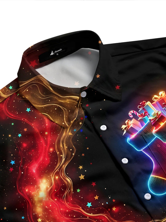 Adaychic Men's Long Sleeve Shirt - Neon Christmas Stockings With Gifts And Candy Canes Print with Chest Pocket