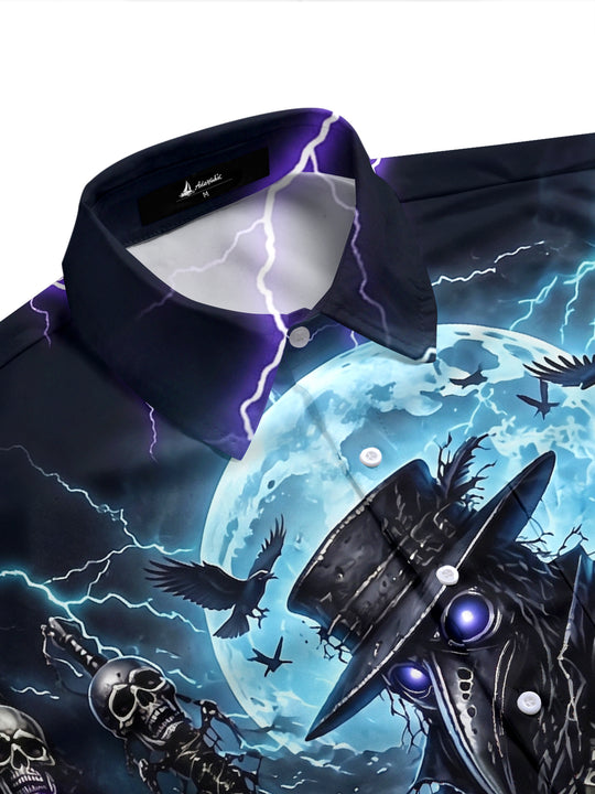 Adaychic Men's Graphic Plague Doctor Print Short Sleeve Shirt with Chest Pocket