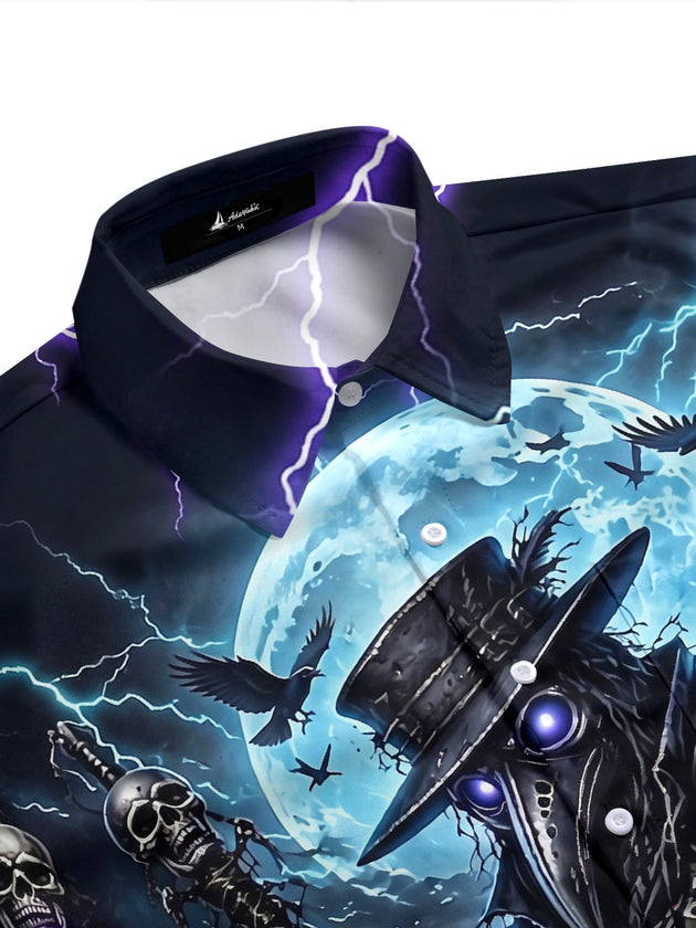 Adaychic Men's Graphic Plague Doctor Print Short Sleeve Shirt with Chest Pocket