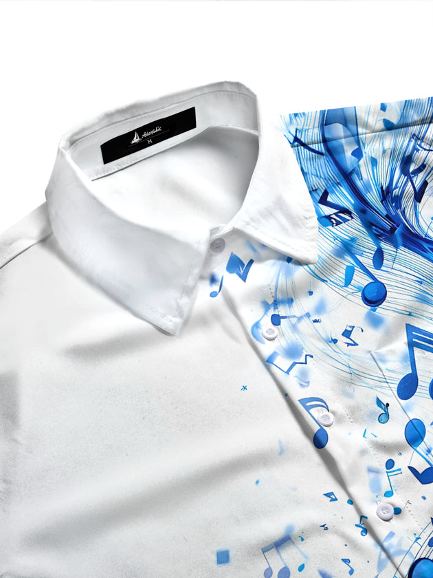 Adaychic Men's Graphic Blue Musical Notes Print Long Sleeve Shirt with Chest Pocket