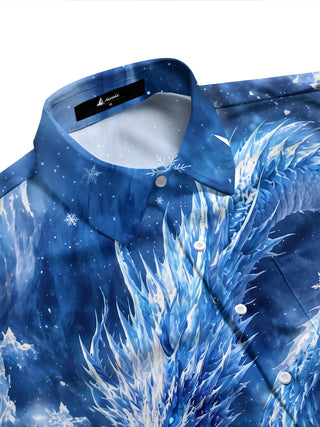Adaychic Men's Graphic Ice Dragon Print Snowflake Pattern Long Sleeve Shirt with Chest Pocket