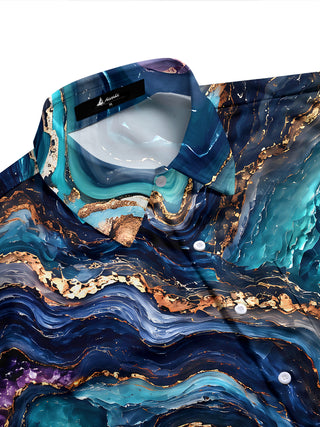 Adaychic Men's Abstract Marble And Agate Waves Print Long Sleeve Shirt with Chest Pocket