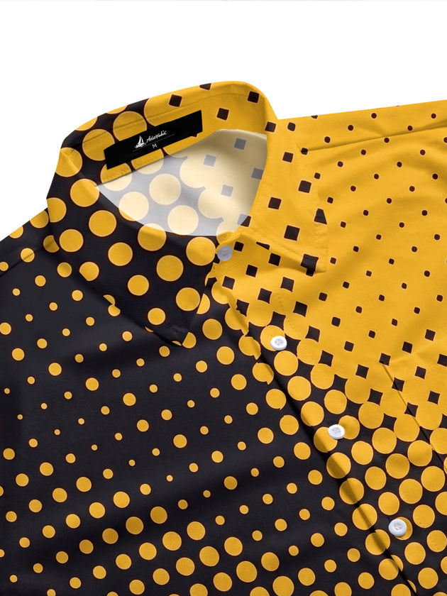Adaychic Men's Graphic Geometric Black Yellow Halftone Dot Print Short Sleeve Button Down Shirt with Chest Pocket