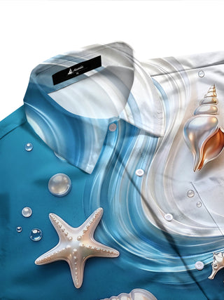 Adaychic Men's Sea Shells Starfish And Seahorse Print Long Sleeve Shirt with Chest Pocket