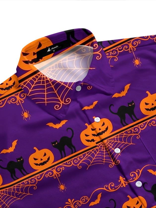 Adaychic Men's Halloween Black Cats And Pumpkins Print Short Sleeve Shirt with Chest Pocket