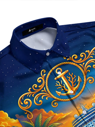 Adaychic Men's Cruise Ship And Palm Trees Print Long Sleeve Stand Collar Shirt