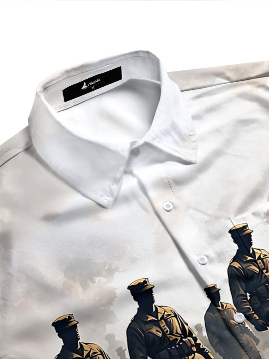 Adaychic Men's Soldiers Walking And Combat Boots Print Long Sleeve Shirt with Chest Pocket