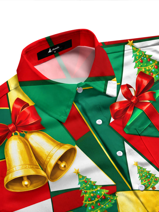 Adaychic Men's Christmas Trees And Gift Boxes Print Long Sleeve Shirt with Chest Pocket
