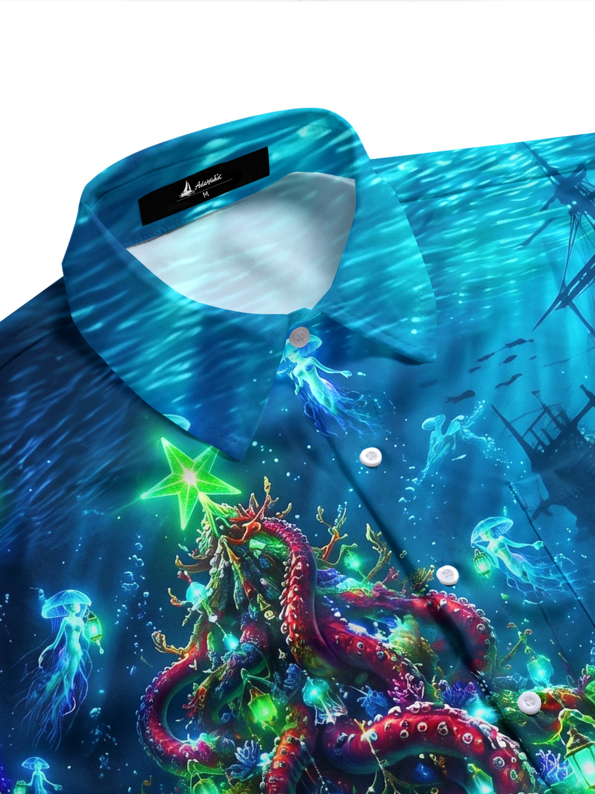 Adaychic Men's Christmas Tree Print Marine Life Print Short Sleeve Shirt