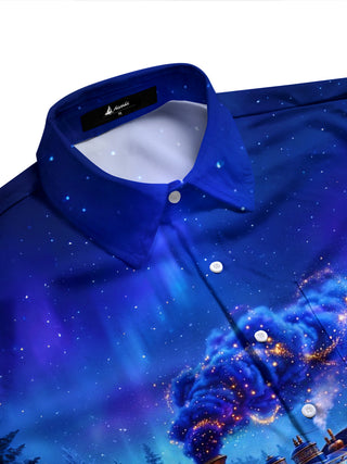 Adaychic Men's Graphic Vintage Train In Winter Forest Print Long Sleeve Shirt with Chest Pocket