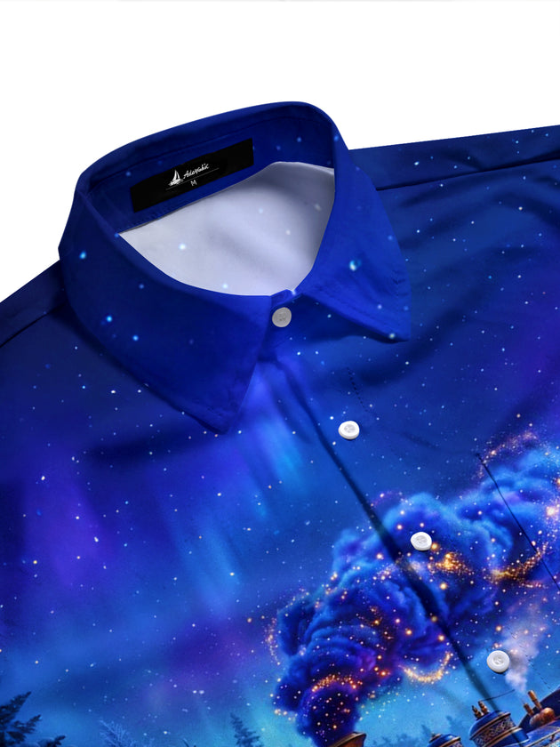 Adaychic Men's Graphic Vintage Train In Winter Forest Print Long Sleeve Shirt with Chest Pocket