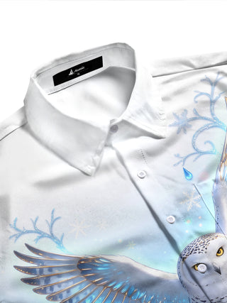 Adaychic Men's Printed Snowy Owl And Snowflakes Print Long Sleeve Shirt with Chest Pocket