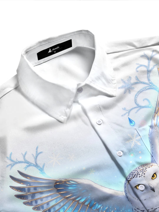 Adaychic Men's Printed Snowy Owl And Snowflakes Print Long Sleeve Shirt with Chest Pocket