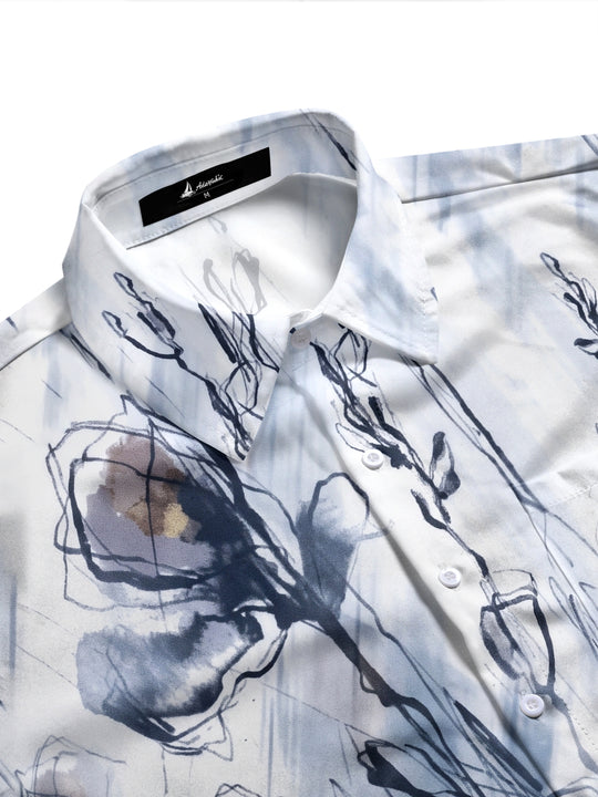 Adaychic Men's Graphic Abstract Ink Wash Floral Print Long Sleeve Button Down Shirt with Chest Pocket