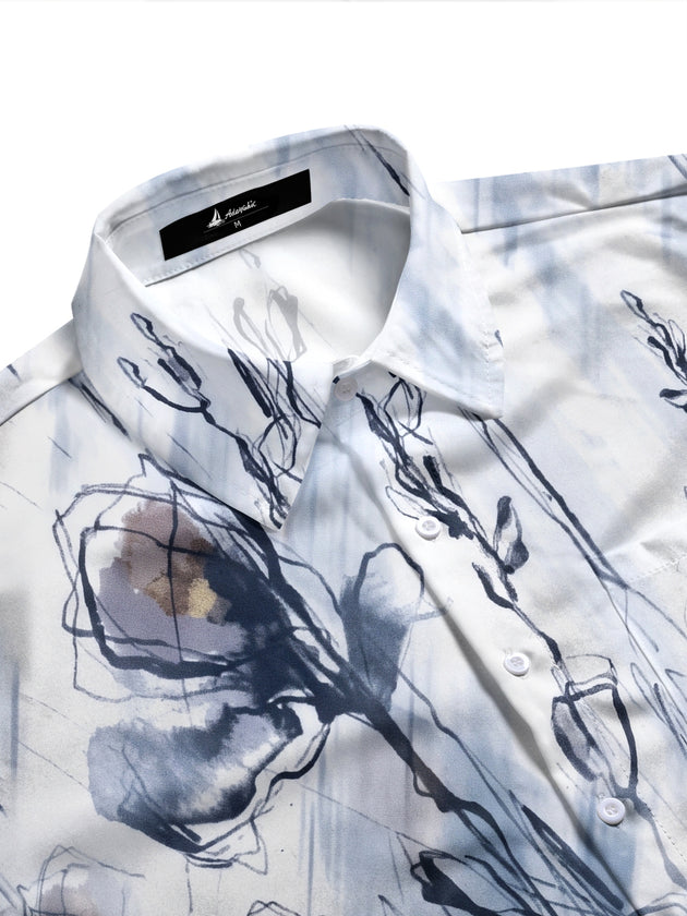Adaychic Men's Graphic Abstract Ink Wash Floral Print Long Sleeve Button Down Shirt with Chest Pocket
