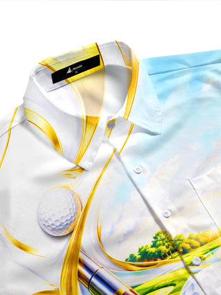 Adaychic Men's Short Sleeve Shirt - Golf Course Landscape With Golf Ball And Club Print with Chest Pocket