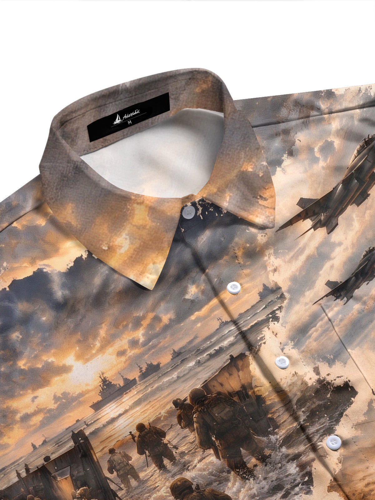 Adaychic Men's Long Sleeve Shirt - Veterans Day Military Soldiers And Beach Landing Scene Print with Chest Pocket