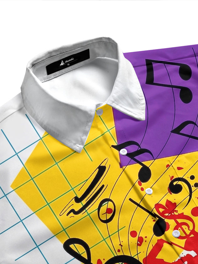 Adaychic Men's Graphic Music Notes Print Short Sleeve Shirt with Chest Pocket
