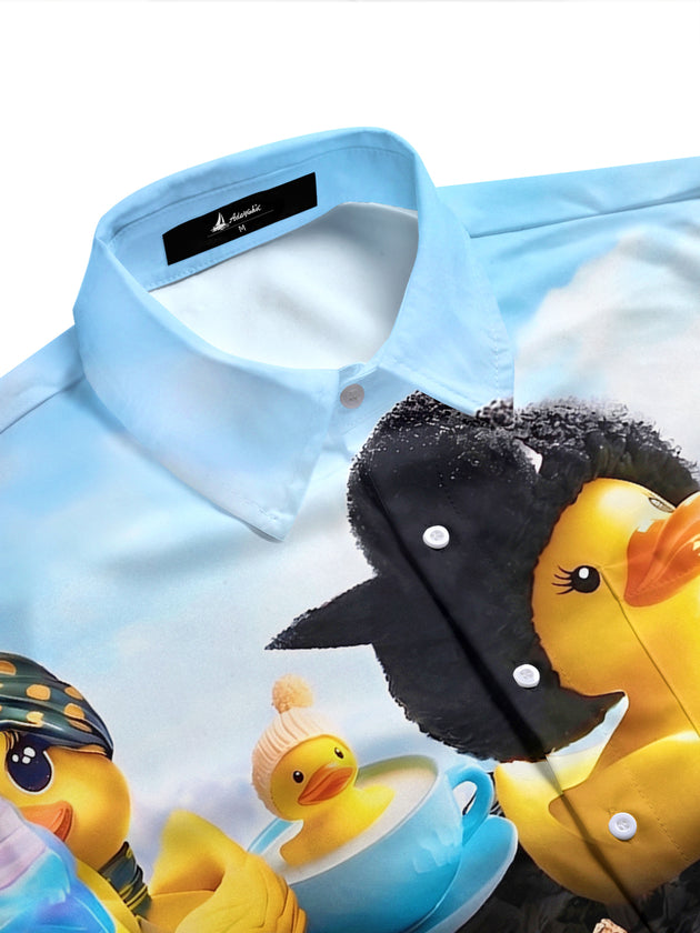 Adaychic Men's Hawaiian Rubber Duck Characters Print Short Sleeve Shirt with Chest Pocket