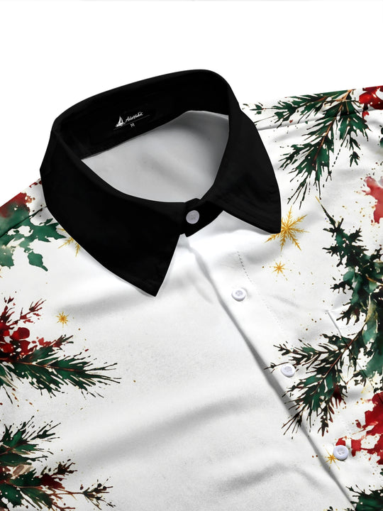 Adaychic Men's Watercolor Christmas Tree And Snowflakes Print Long Sleeve Shirt with Chest Pocket