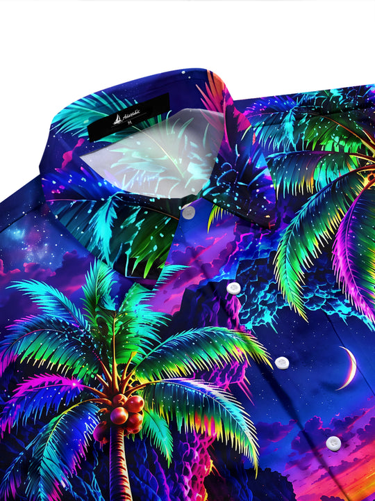 Adaychic Men's Long Sleeve Shirt - Neon Palm Trees And Tropical Sunset Beach Print with Chest Pocket